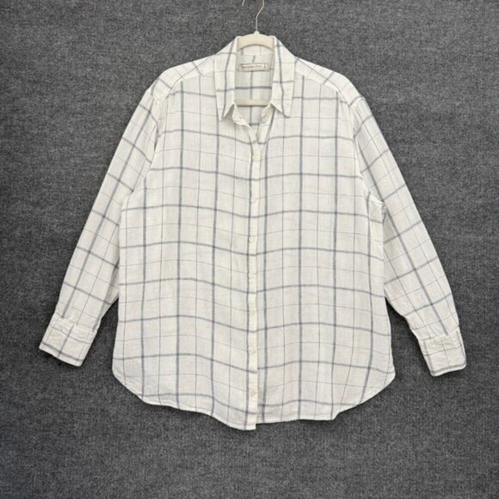 Abercrombie Fitch Womens Oversized Button Up Shirt Size L Navy Linen Blend Plaid